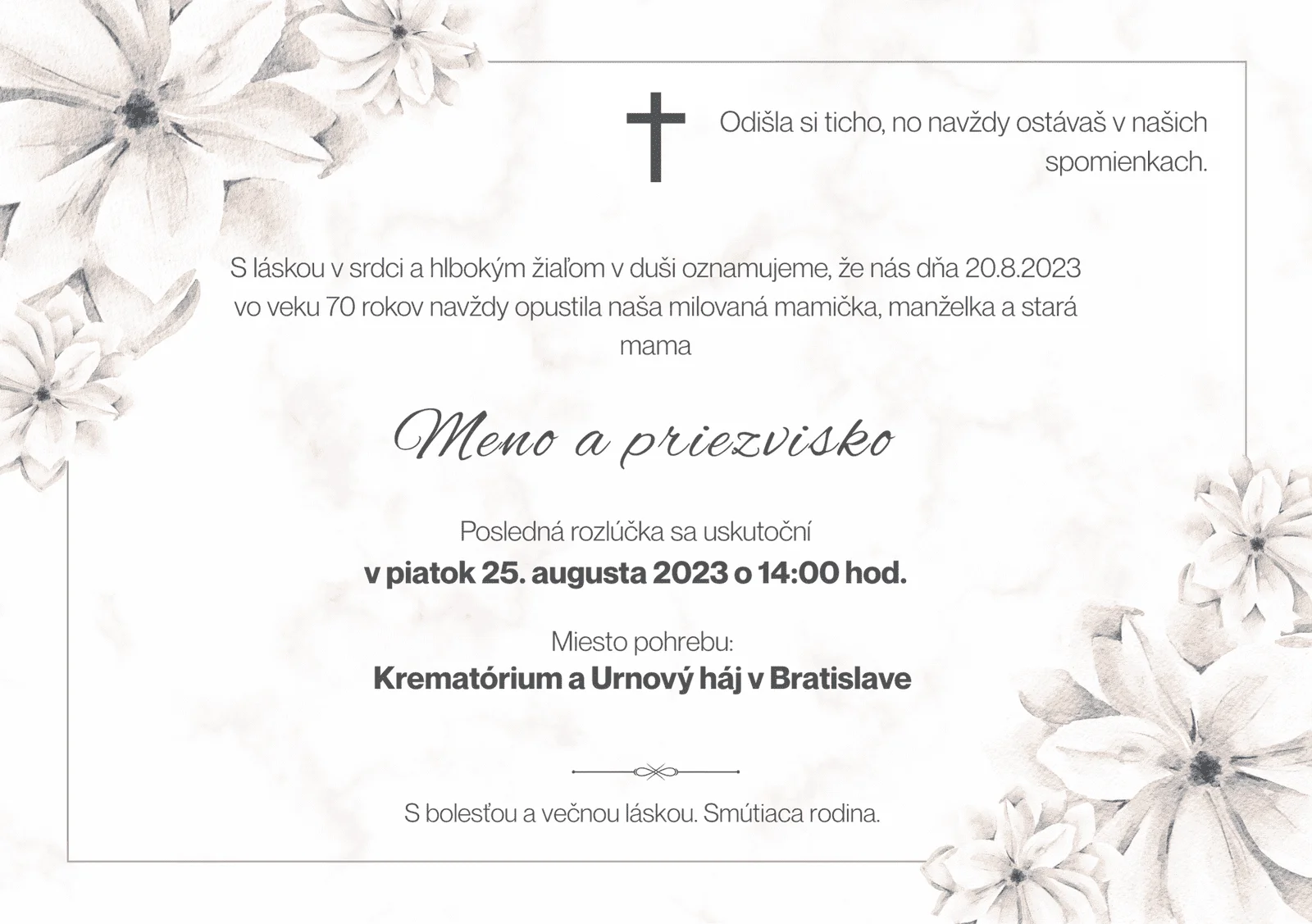 Smútočné oznámenie - vzor 1