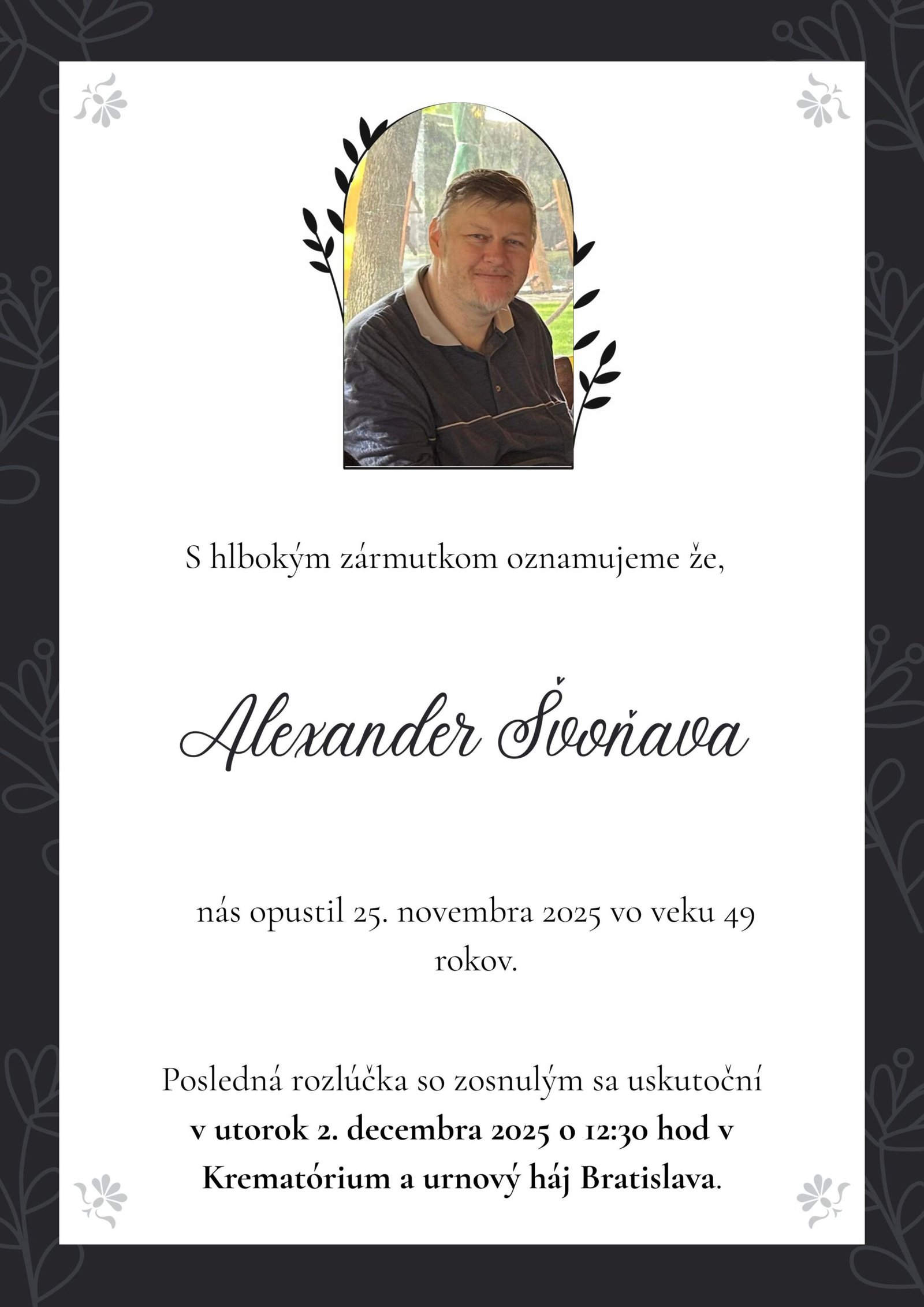 Smútočné oznámenie - Alexander Švoňava