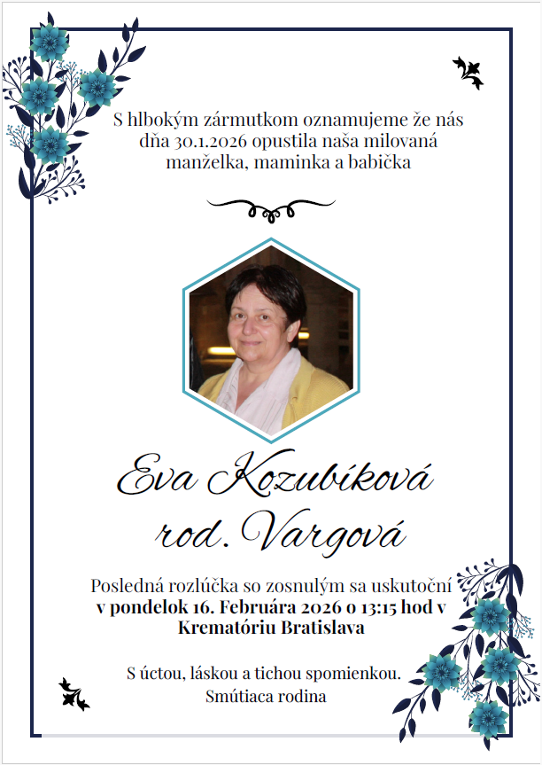 Smútočné oznámenie - Eva Kozubíková