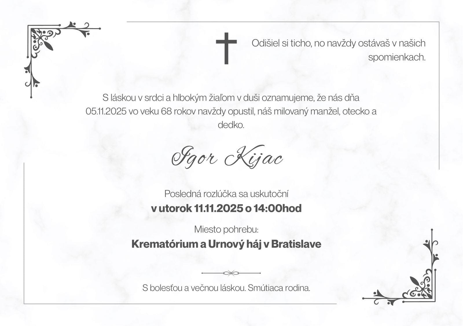 Smútočné oznámenie - Igor Kijac