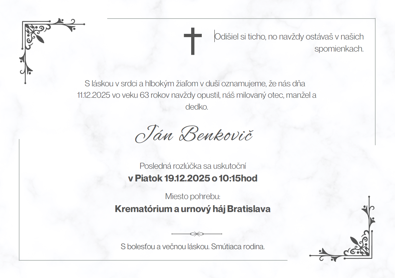 Smútočné oznámenie - Ján Benkovič